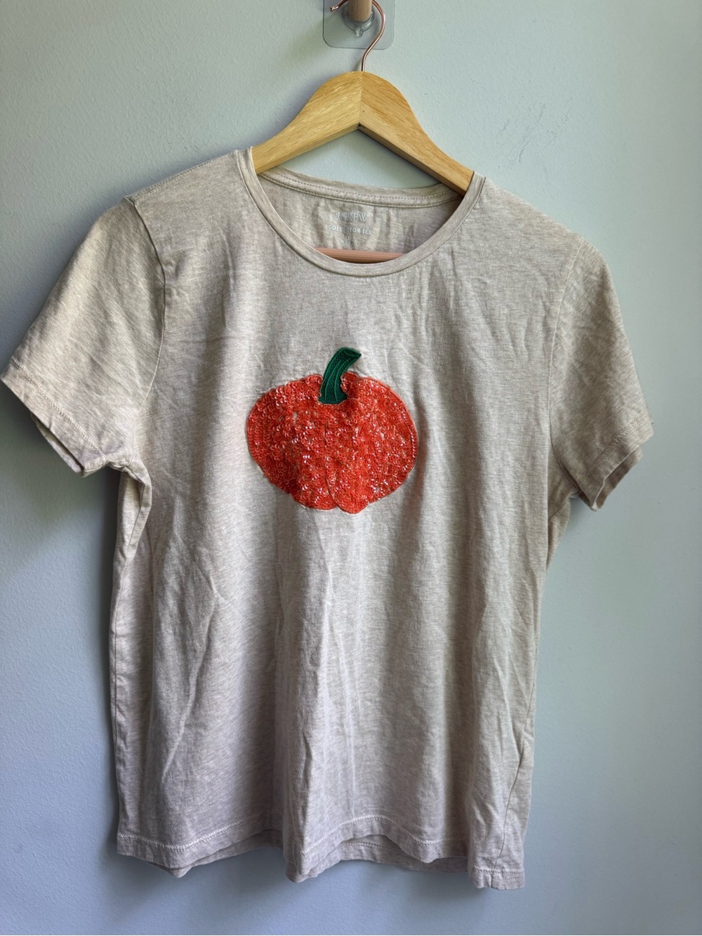 J. Crew Cream Short Sleeve Tee Orange Bedazzled Pumpkin Collectors